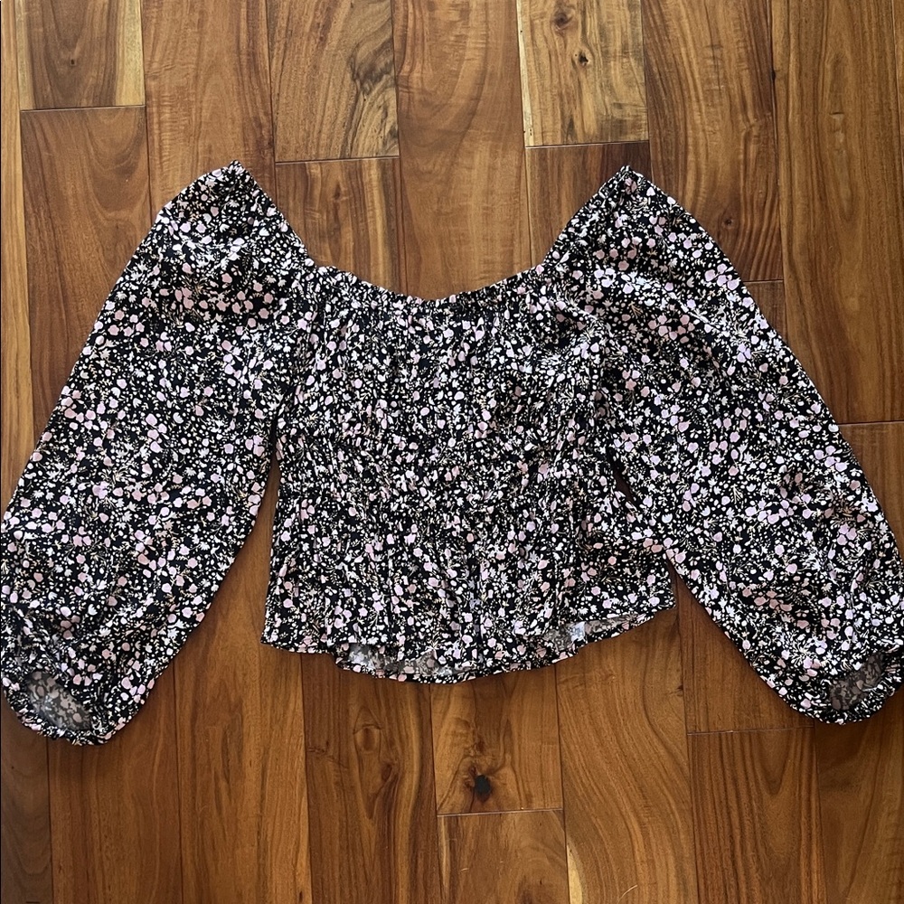 J. Crew Black and Pink Floral Off-Shoulder Blouse